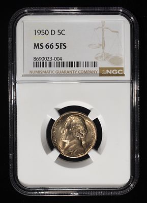 1950-D JEFFERSON NICKEL NGC MS 66 5FS. BID WITH SILVER CITY AUCTIONS ESTIMATE $120 - $160.