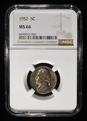 1952 JEFFERSON NICKEL NGC MS 66. CHECK OUT OUR UPCOMING AUCTIONS ESTIMATE $80 - $120.