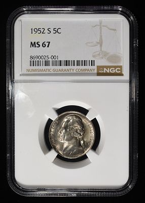 1952-S JEFFERSON NICKEL NGC MS 67. CHECK OUT OUR UPCOMING AUCTIONS ESTIMATE $500 - $600.