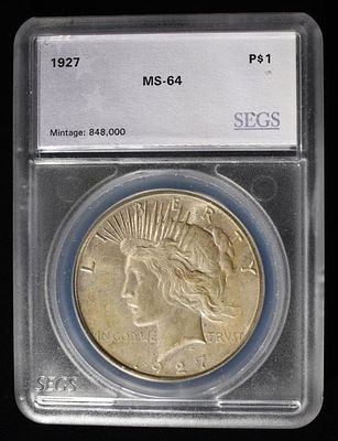 1927 PEACE DOLLAR SEGS CH/GEM BU. CHECK OUT OUR UPCOMING AUCTIONS ESTIMATE $450 - $500.