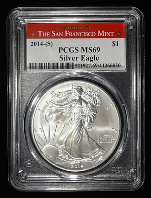 2014-(S) AMERICAN SILVER EAGLE PCGS MS 69. BID WITH SILVER CITY AUCTIONS ESTIMATE $120 - $160.