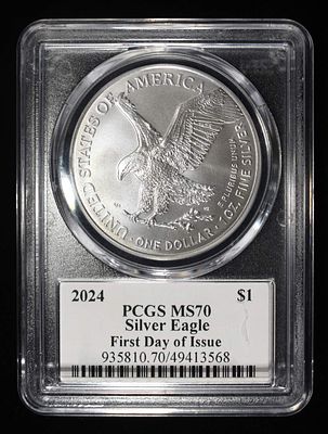 2024 AMERICAN SILVER EAGLE PCGS MS70. LEADERS IN ON-LINE AUCTIONS ESTIMATE $120 - $160.