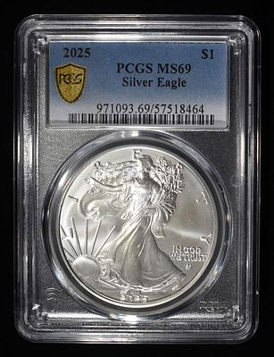 2025 AMERICAN SILVER EAGLE PCGS MS69. CHECK OUT OUR UPCOMING AUCTIONS ESTIMATE $120 - $160.