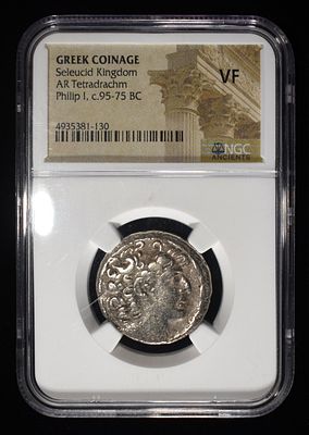 PHILIP I, C. 95-75 BC NGC VF. GREEK COINAGE, SELEUCID KINGDOM, AR TETRADRACHM ESTIMATE $300 - $350.