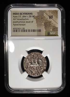 AZES I/II, AFTER C. 58 BC NGC VF. POSTHUMOUS ISSUE OF APRACHARAJAS, INDO-SCYTHIANS, AR 