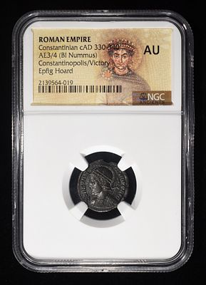 CONSTANTINIAN VICTORY, AD 330-340 NGC AU. EPFIG HOARD,ISSUED AS CAESAR, ROMAN EMPIRE, AE3/4 (BI 