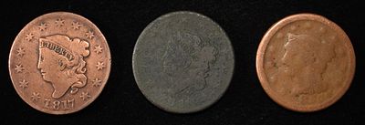 LARGE CENT COLLECTOR LOT. 1817 VG & 1819 AG CORONET HEAD LARGE CENT & 1855 BRAIDED HAIR LARGE 