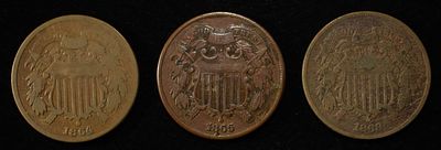 (3) 2-CENT PIECES. 1864 2-CENT PIECE GOOD, 1868 2-CENT PIECE GOOD & 1865 2-CENT PIECE VF 
