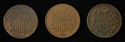 (3) 2-CENT PIECES. 1865 2-CENT PIECE VF, 1864 2-CENT PIECE & 1865 2-CENT PIECE ESTIMATE $110 - $160.