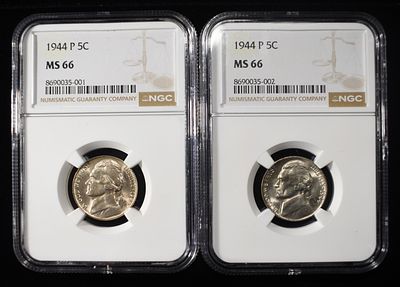 (2) 1944-P JEFFERSON NICKELS NGC MS 66. PRESTIGE WEEKLY COIN & CURRENCY AUCTIONS ESTIMATE $90 - $130.