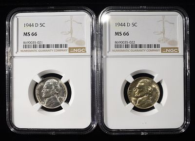 (2) 1944-D JEFFERSON NICKELS NGC MS 66. BID WITH SILVER CITY AUCTIONS ESTIMATE $90 - $130.