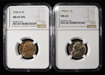 1950-D JEFFERSON NICKEL NGC MS 65 5FS, MS 65. WEEKLY COIN & CURRENCY AUCTIONS ESTIMATE $75 - $100.