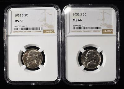 (2) 1952-S JEFFERSON NICKELS NGC MS 66. TOP RATED AUCTION HOUSE ESTIMATE $75 - $100.