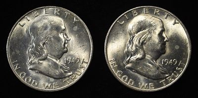 (2) 1949-D 90% SILVER FRANKLIN HALF DOLLAR BU. WEEKLY COIN & CURRENCY AUCTIONS ESTIMATE $120 - $160.