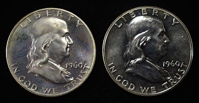 (2) 90% SILVER 1960 FRANKLIN HALF DOLLARS PROOF BU. BID WITH SILVER CITY AUCTIONS ESTIMATE $90 - 