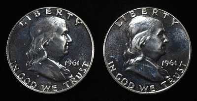 (2) 90% SILVER 1961 FRANKLIN HALF DOLLARS PROOF BU. WEEKLY COIN & CURRENCY AUCTIONS ESTIMATE $90 