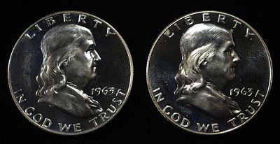 (2) 90% SILVER 1963 FRANKLIN HALF DOLLARS PROOF BU. TOP RATED AUCTION HOUSE ESTIMATE $90 - $130.