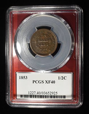 1853 BRAIDED HAIR HALF CENT PCGS XF40. LEADERS IN ON-LINE AUCTIONS ESTIMATE $220 - $270.