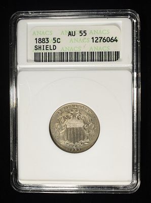1883 SHEILD NICKEL ANACS AU55. BID WITH SILVER CITY AUCTIONS ESTIMATE $170 - $220.