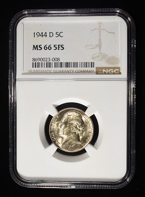 1944-D JEFFERSON NICKEL NGC MS 66 5FS. TOP RATED AUCTION HOUSE ESTIMATE $60 - $80.