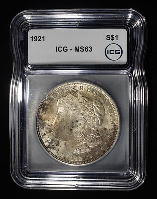 1921 MORGAN DOLLAR ICG MS63. LEADERS IN ON-LINE AUCTIONS ESTIMATE $130 - $180.