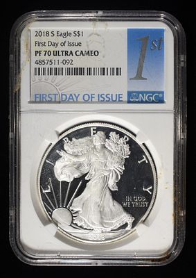 2018 AMERICAN SILVER EAGLE NGC PF 70 ULTRA CAMEO. TOP RATED AUCTION HOUSE ESTIMATE $170 - $220.