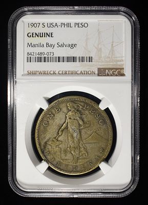 1907-S USA-PHIL PESO NCG GENUINE. TOP RATED AUCTION HOUSE ESTIMATE $90 - $130.