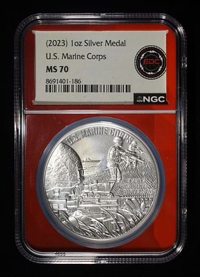2023 1 OZ SILVER MEDAL U.S. MARINE CORPS NCG MS70. WEEKLY COIN & CURRENCY AUCTIONS ESTIMATE $200 