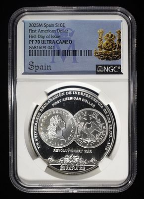 2025M SPAIN 10E 1 OZ 92.5% SILVER NGC PF70. ULTRA CAMEO. TOP RATED AUCTION HOUSE ESTIMATE $110 - 