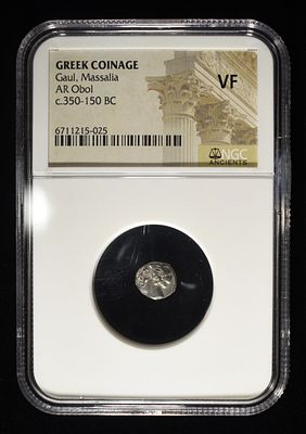C.350-150 BC, GAUL NGC VF. MASSALIA, GREEK COINAGE, AR OBOL ESTIMATE $250 - $300.