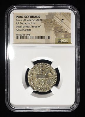 AZES I/II, AFTER C. 58 BC NGC F- SCRATCHES. POSTHUMOUS ISSUE OF APRACHARAJAS, INDO-SCYTHIANS, AR 