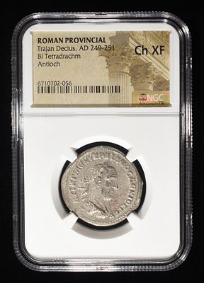 TRAJAN DECIUS, AD 249-251 NGC CHXF. ROMAN PROVINCIAL: ANTIOCH, BI TETRADRACHM ESTIMATE $270 - $320.