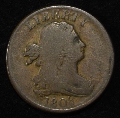 1808 DRAPED BUST HALF CENT. CHECK OUT OUR UPCOMING AUCTIONS ESTIMATE $150 - $200.