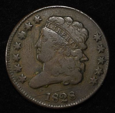 1828 12 STAR CLASSIC HEAD HALF CENT FINE. WEEKLY COIN & CURRENCY AUCTIONS ESTIMATE $120 - $160.