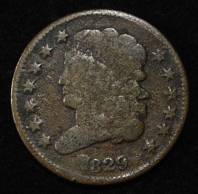 1829 CLASSIC HEAD HALF CENT F/VF. LEADERS IN ON-LINE AUCTIONS ESTIMATE $120 - $160.