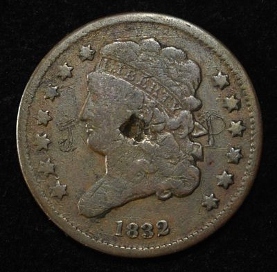 1832 CLASSIC HEAD HALF CENT VG/G DAMAGED. TOP RATED AUCTION HOUSE ESTIMATE $90 - $130.