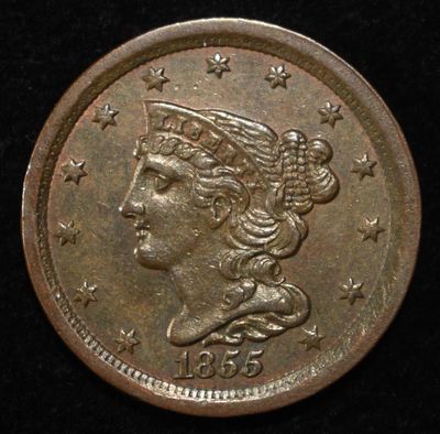 1855 BRAIDED HAIR HALF CENT AU/BU. WEEKLY COIN & CURRENCY AUCTIONS ESTIMATE $180 - $220.