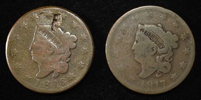 1816 & 1817 CORONET HEAD LARGE CENTS. TOP RATED AUCTION HOUSE ESTIMATE $75 - $100.