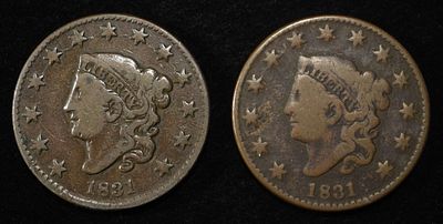 (2) 1831 CORONET HEAD LARGE CENTS. CHECK OUT OUR UPCOMING AUCTIONS ESTIMATE $80 - $120.