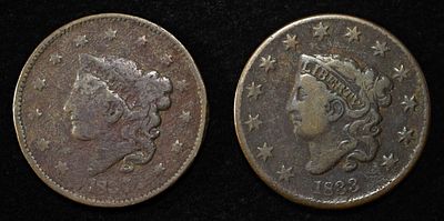 1833 & 1837 CORONET HEAD LARGE CENT. BID WITH SILVER CITY AUCTIONS ESTIMATE $75 - $100.