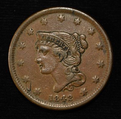 1842 SM DATE LARGE CENT XF. WEEKLY COIN & CURRENCY AUCTIONS ESTIMATE $180 - $220.