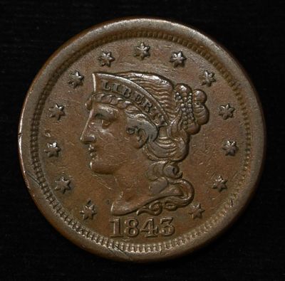 1843 LARGE CENT XF. CHECK OUT OUR UPCOMING AUCTIONS ESTIMATE $400 - $450.