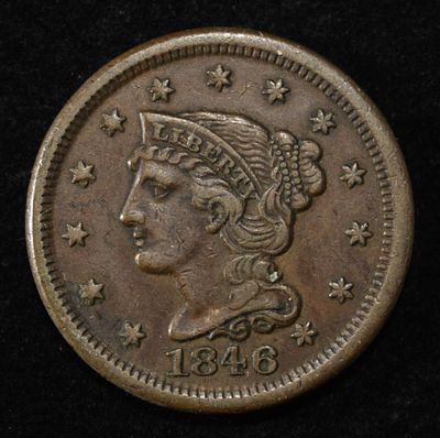 1846 BRAIDED HAIR LARGE CENT XF. LEADERS IN ON-LINE AUCTIONS ESTIMATE $120 - $160.
