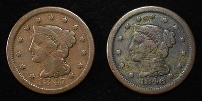 1846 & 1847 BRAIDED HAIR LARGE CENT. TOP RATED AUCTION HOUSE ESTIMATE $75 - $100.