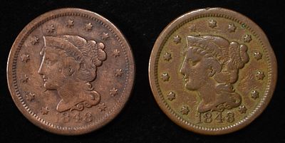 (2) 1848 BRAIDED HAIR LARGE CENTS. LEADERS IN ON-LINE AUCTIONS ESTIMATE $75 - $100.