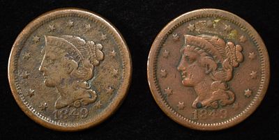 (2) 1849 BRAIDED HAIR LARGE CENT. CHECK OUT OUR UPCOMING AUCTIONS ESTIMATE $75 - $100.