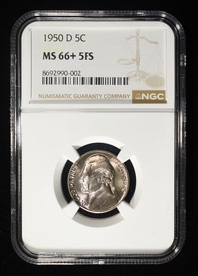 1950-D JEFFERSON NICKEL NGC MS66+ 5FS. CHECK OUT OUR UPCOMING AUCTIONS ESTIMATE $170 - $220.