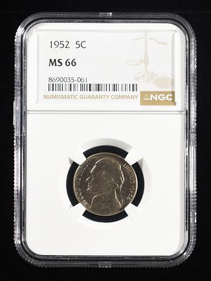 1952 JEFFERSON NICKEL NGC MS 66. BID WITH SILVER CITY AUCTIONS ESTIMATE $80 - $120.