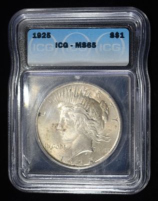 1925 PEACE DOLLAR ICG MS65. BID WITH SILVER CITY AUCTIONS ESTIMATE $180 - $230.