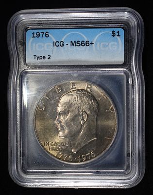 1976 TYPE2 EISENHOWER DOLLAR ICG MS66. TOP RATED AUCTION HOUSE ESTIMATE $90 - $130.